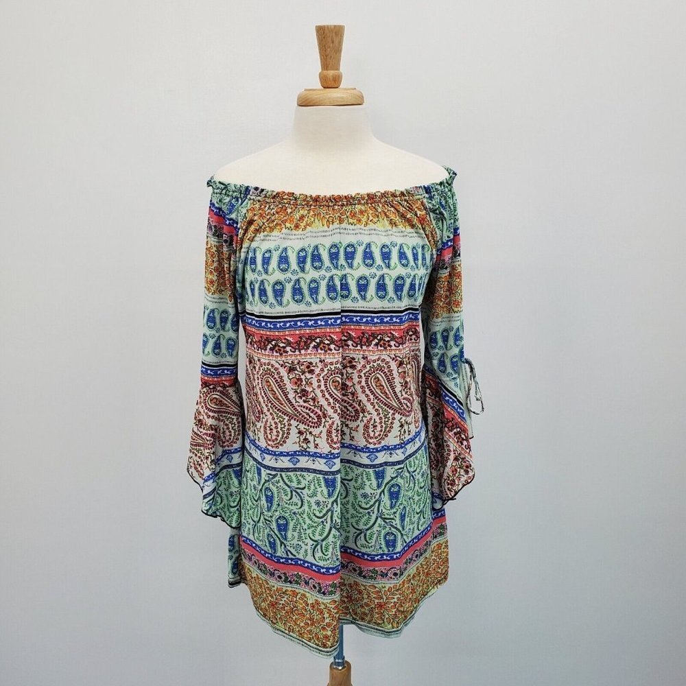 Win Win Womens‎ Paisley Off The Shoulder Tie Bell Sleeve Tunic Size L-XL Boho